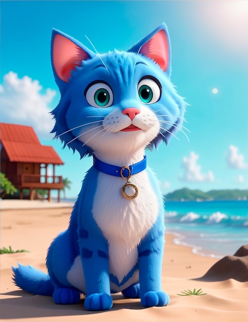 3D cartoon cute blue cat character