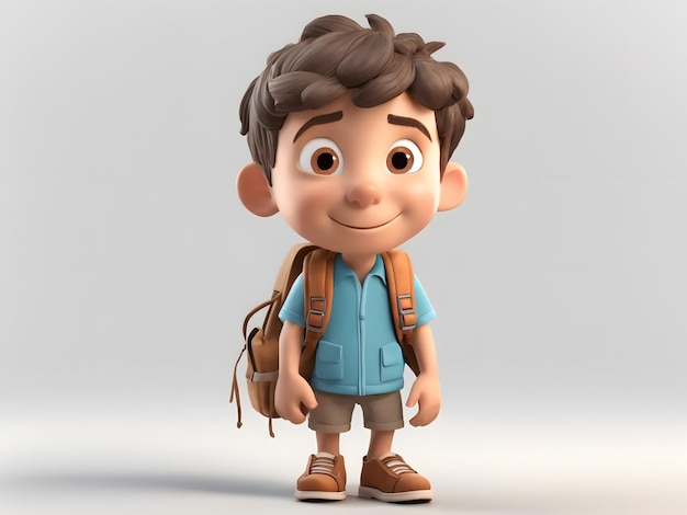 3d cartoon a cute boy with backpack isolated white background