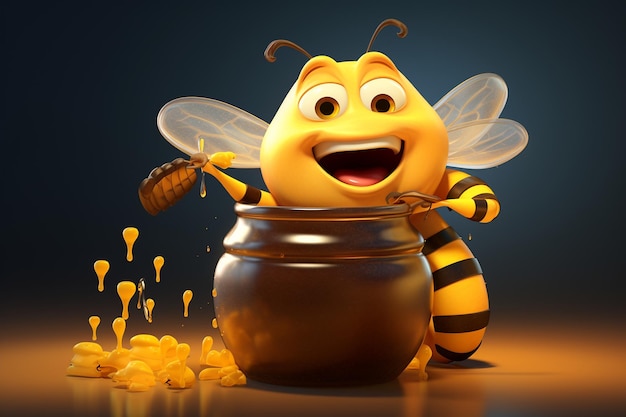 3D Cartoon Cute Fat Bee with a Pot of Honey