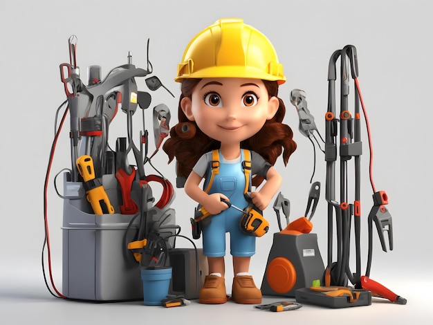 3D cartoon of a cute girl with electrician's tools white background