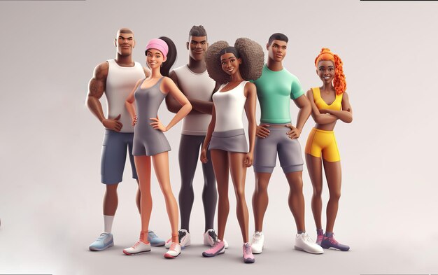 3D cartoon cute multi ethnic characters athletes Diverse group of fit people in sportswear