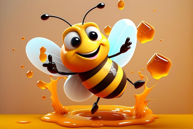 3d cartoon cute smiling fat bee dancing in honey Generative AI