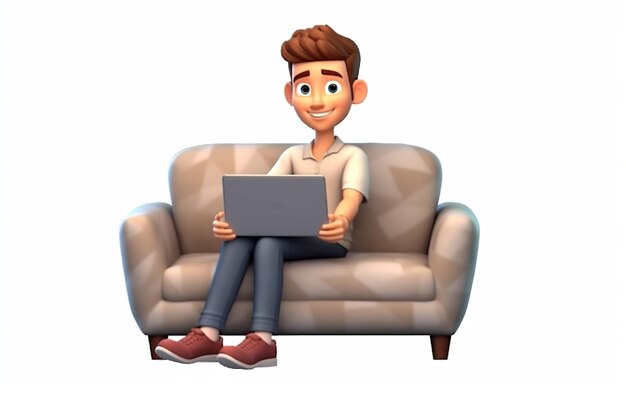 3D Cartoon Cute Young Man on Sofa Generative AI