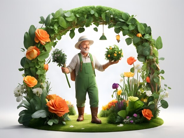 3D cartoon de betoverende tuinman die naar groene lekkernijen leidt witte achtergrond