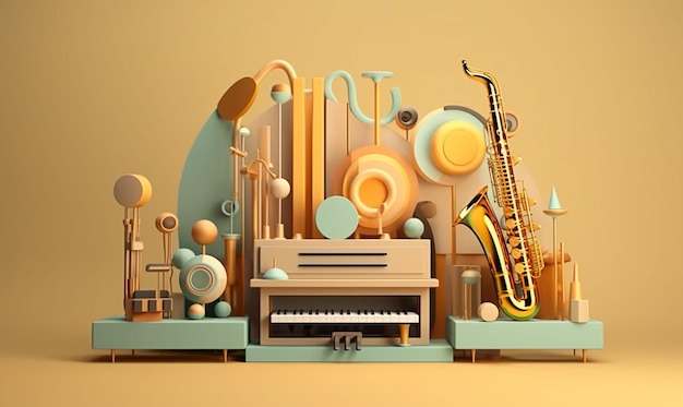 3D cartoon design art of instrumental music generative ai