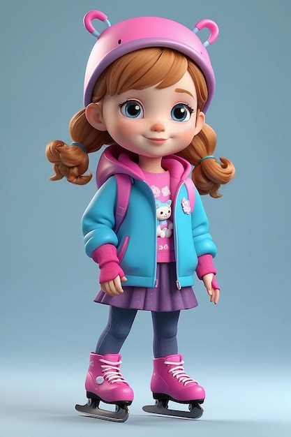 3D Cartoon Design of Cute Little Girl with Skates