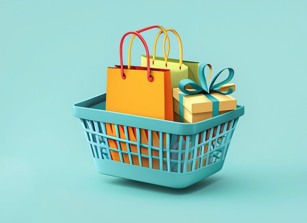 3d cartoon design illustration of shopping bag parcel box and gift box in shopping basket