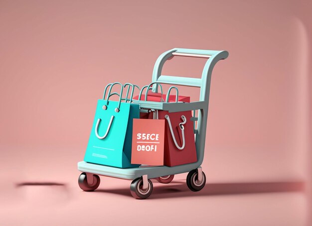 Photo 3d cartoon design illustration of shopping cart with parcel box and shopping bags pastel background