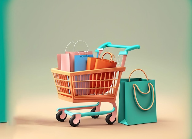 3d cartoon design illustration of shopping cart with parcel box and shopping bags pastel background