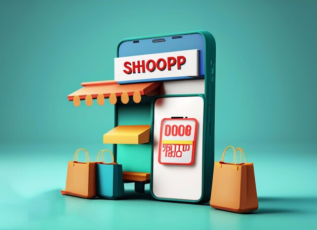 3d cartoon design illustration of shopping smartphone with discount code and shopping bag advertising marketing promotion concept