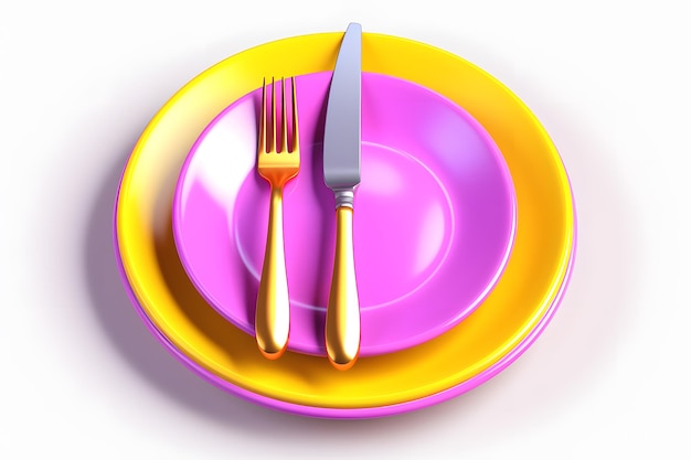 3D 만화 식사 전면 보기 접시 나이프와 포크 아이콘