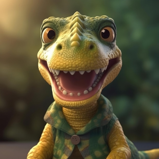 3D cartoon dinosaurus Dino portret dragen kleding bril hoed jas staan vooraan