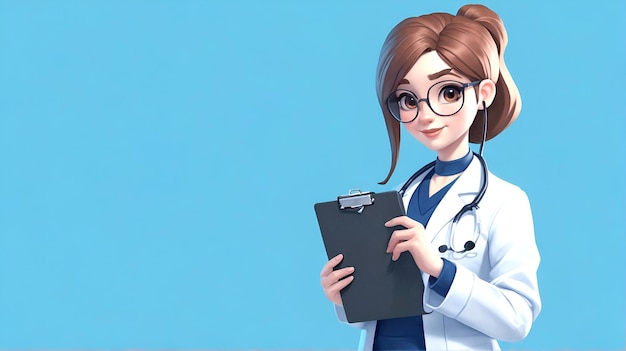 3d Cartoon doctor character holding pen and clipboard