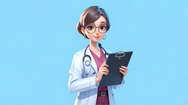3d Cartoon doctor character holding pen and clipboard