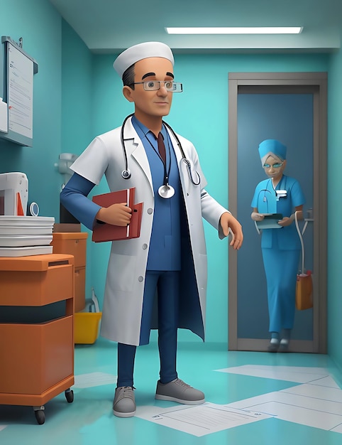 병원 복도에 있는 의사의 3D 만화