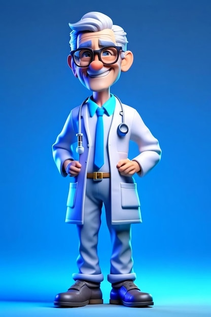 3d cartoon doctor in professional uniform on colorful blue background