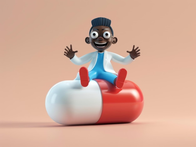 3D-карикатура врача, сидящего на капсуле лекарства