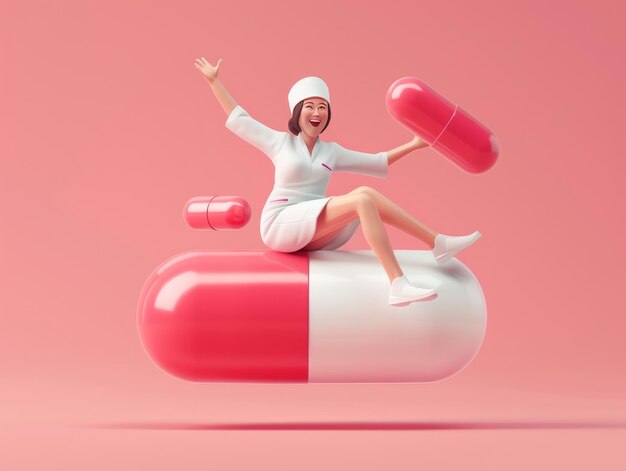 3D-карикатура врача, сидящего на капсуле лекарства