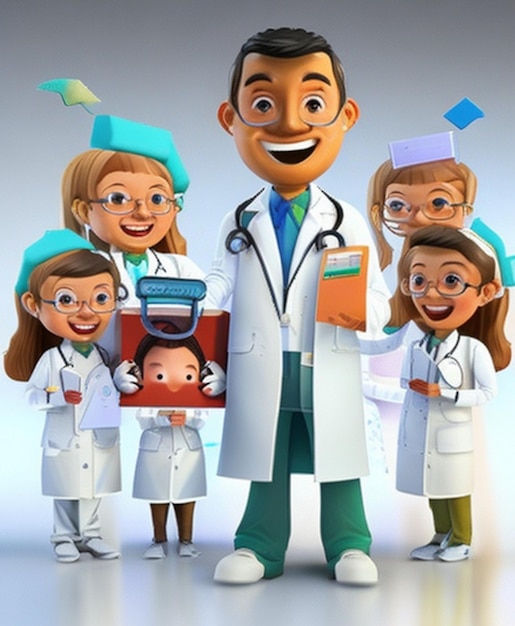 3D cartoon doctor with a smile wearing a white lab coat and holding a clipboard