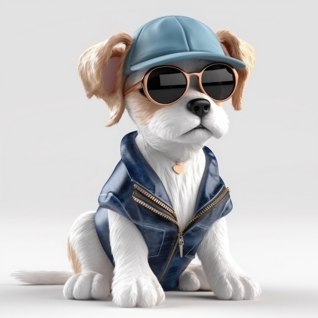 3D cartoon dog portrait wearing clothes glasses hat and jacket standing in front