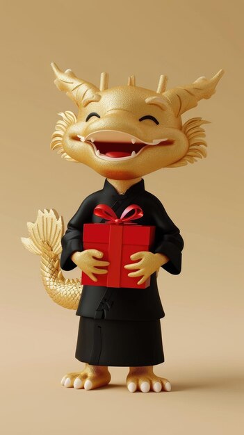 Фото 3d мультяшный дракон держит подарочную коробку, улыбаясь изолированно на простом фоне
