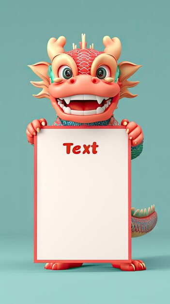 Photo 3d cartoon dragon hold a white board isolated on plain background