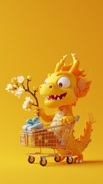 3d cartoon dragon pushing shopping cart isolated on plain background