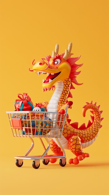 3d cartoon dragon pushing shopping cart isolated on plain background