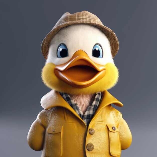 3D cartoon Duck portrait wearing clothes glasses hat and jacket standing in front