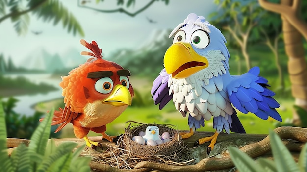 Photo 3d cartoon eagle and birds