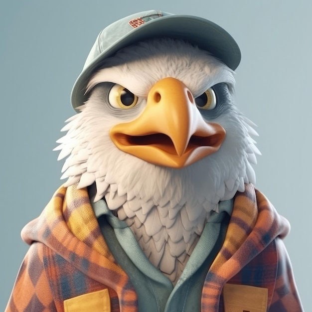 3D cartoon eagle portrait wearing clothes standing in front studio lights generative ai