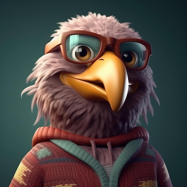 3D cartoon eagle portrait wearing clothes standing in front studio lights generative ai