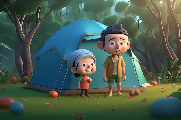 3D-cartoon een familie die kampeert in het bos AI-technologie gegenereerd beeld