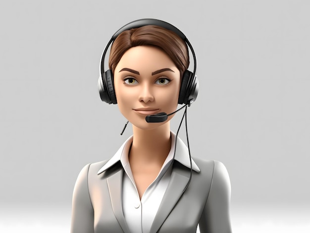 Foto 3d cartoon een jonge zakenvrouw met hoofdtelefoon geïsoleerde witte achtergrond