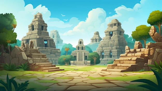 3D cartoon empty background of the ancient Mayan city