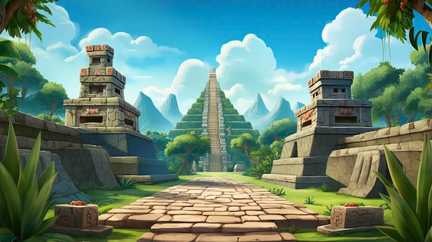 3D cartoon empty background the ancient Mayan city