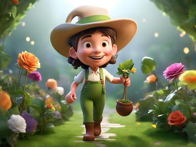 3D cartoon The Enchanting Gardener Guiding Towards Green Delights white background