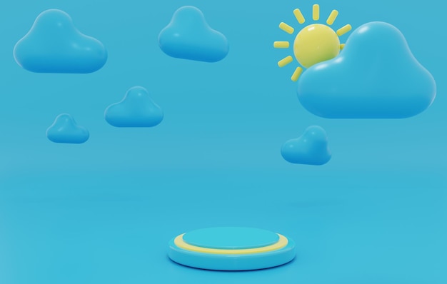 3D cartoon fantasie zomer landschap abstracte achtergrond met zon wolken en een leeg podium 3d render illustratie