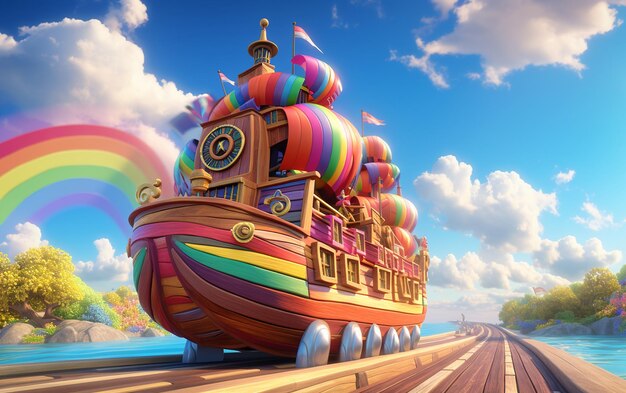 Photo 3d cartoon featuring wooden ship