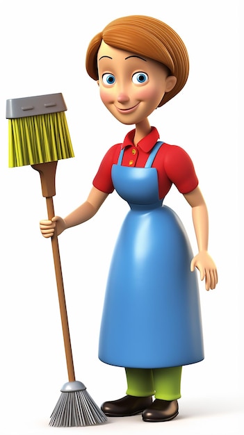 Photo 3d cartoon female janitor with cleaning tools