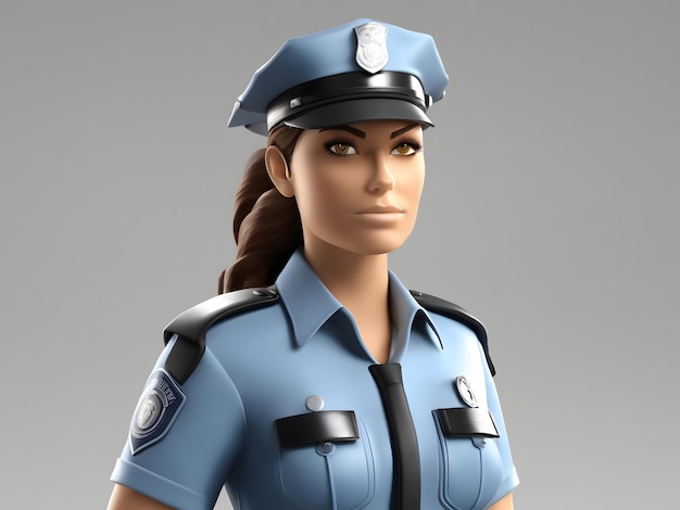 3D cartoon of a female police officer wearing a cap and uniform white background