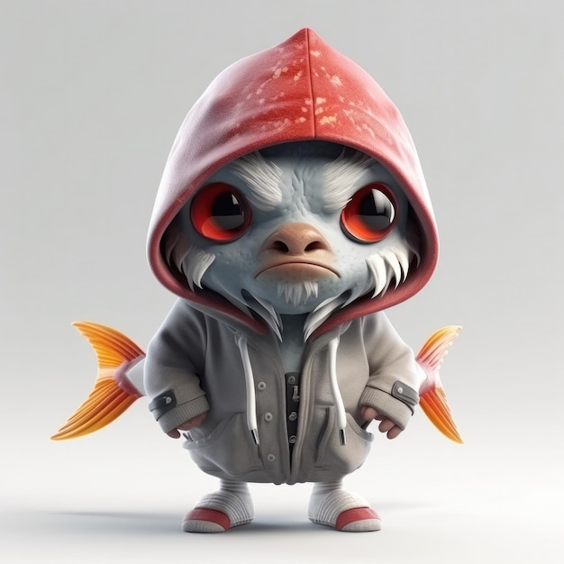 3D cartoon Fish Shark portrait wearing clothes glasses hat jacket standing in front