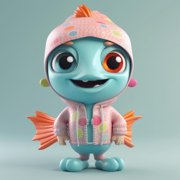 3D cartoon Fish Shark portrait wearing clothes glasses hat jacket standing in front