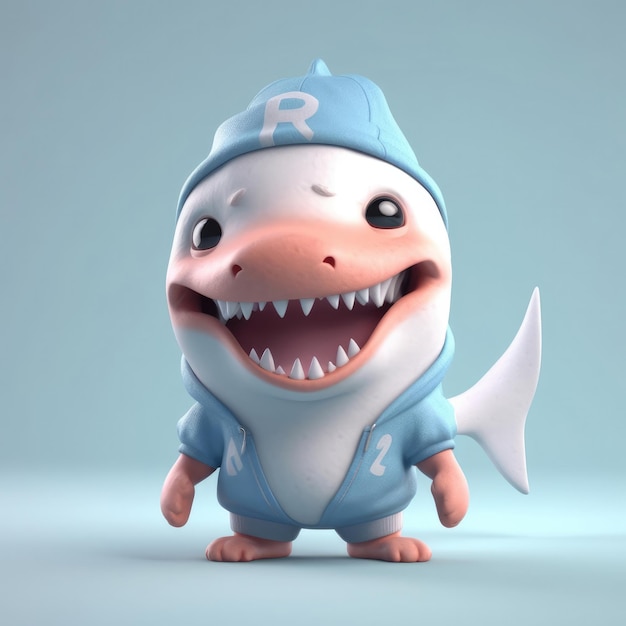 3D cartoon Fish Shark portrait wearing clothes glasses hat jacket standing in front