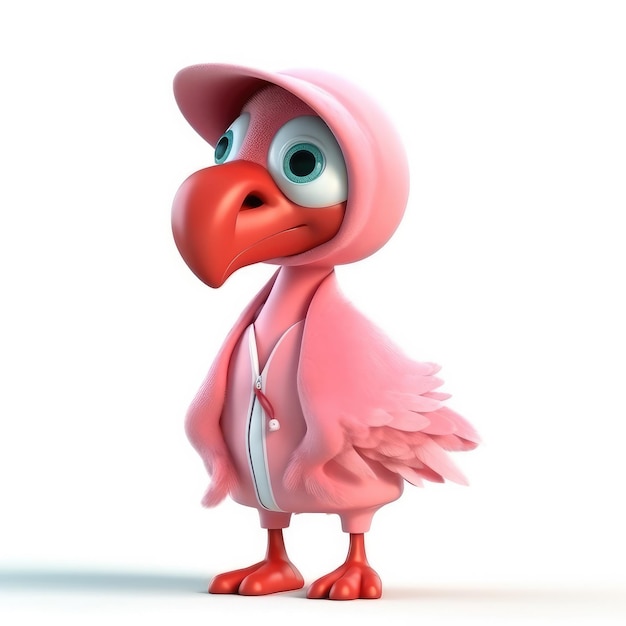 3D cartoon flamingo bird portrait wearing clothes standing in front studio lights generative ai