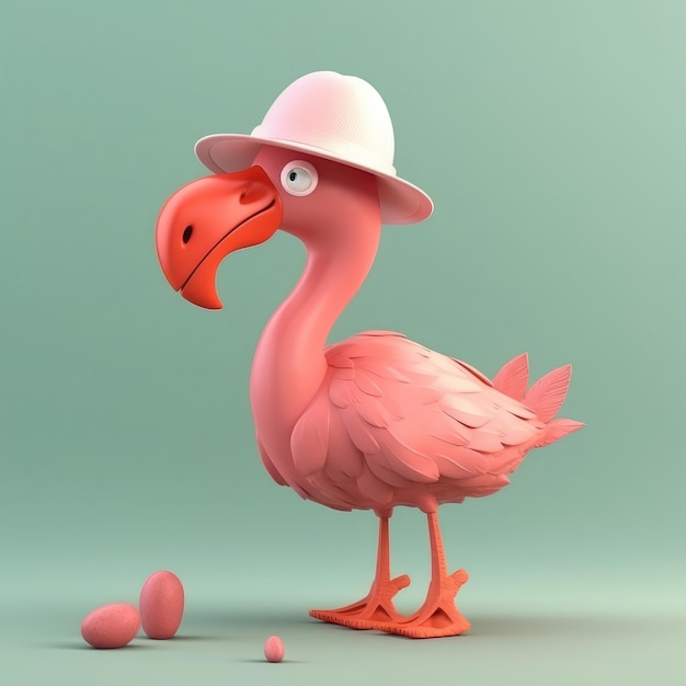 Photo 3d cartoon flamingo bird portrait wearing clothes standing in front studio lights generative ai