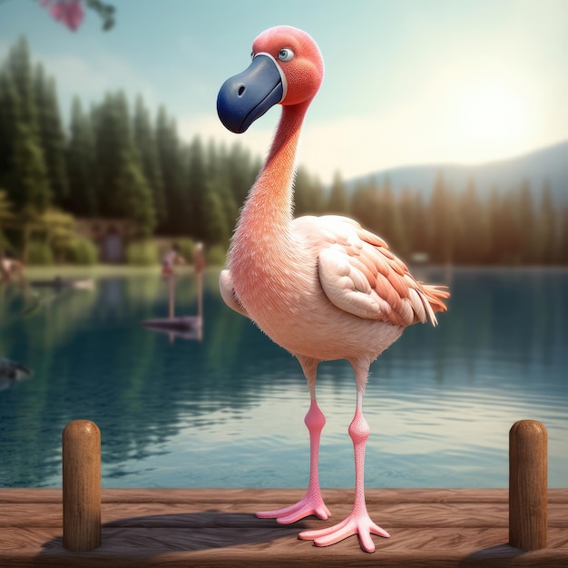 3D cartoon flamingo bird portrait wearing clothes standing in front studio lights generative ai