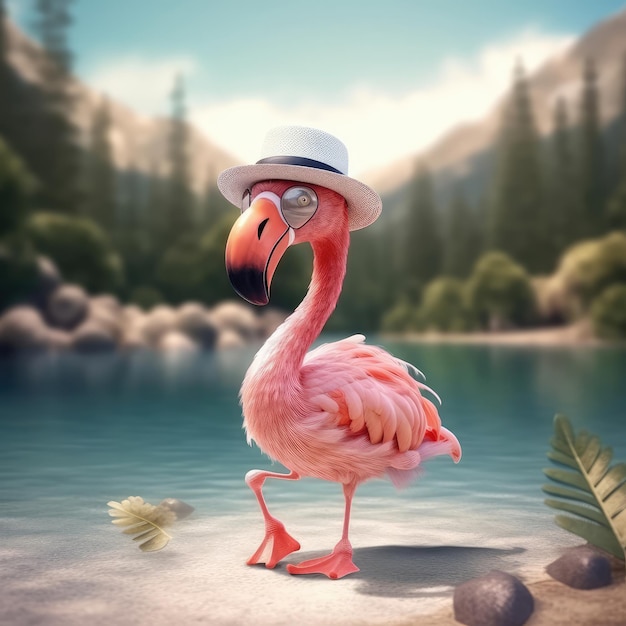 3D мультяшный портрет птицы фламинго в одежде, стоящий перед студийными огнями, генеративный ИИ