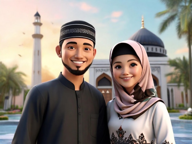 3D cartoon foto Indonesische moslims die islamitische kleding dragen met een esthetische moskee