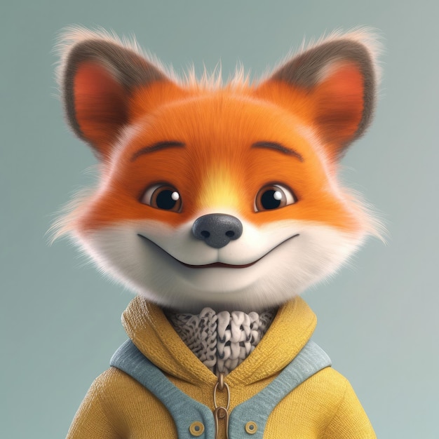 3D cartoon Fox portrait wearing clothes glasses hat and jacket standing in front
